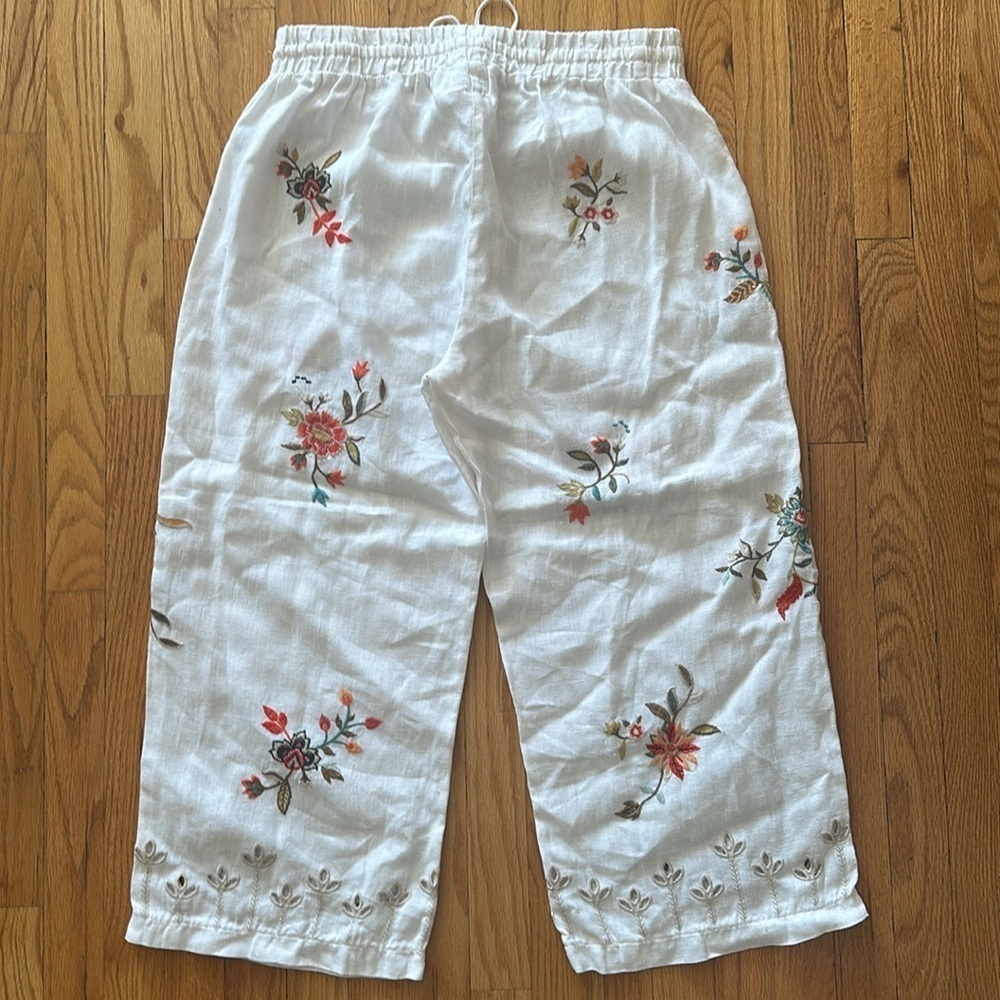 Johnny Was L white Embroidered linen lounge pants drawstring and elastic waist - Picture 8 of 8
